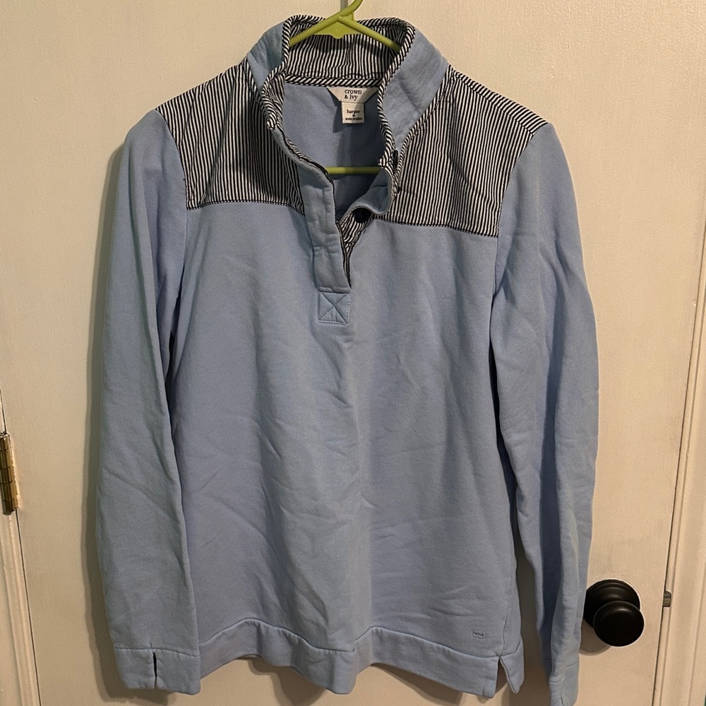 0072 Women’s Crown & Ivy Light Blue Sweatshirt with Striped‎ Accents